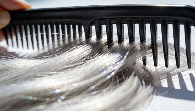 Combing silver-gray hair with wide-tooth comb, sparkling strands and texture closeup