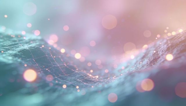 Luminous digital mesh waving across soft bokeh background with glowing network nodes