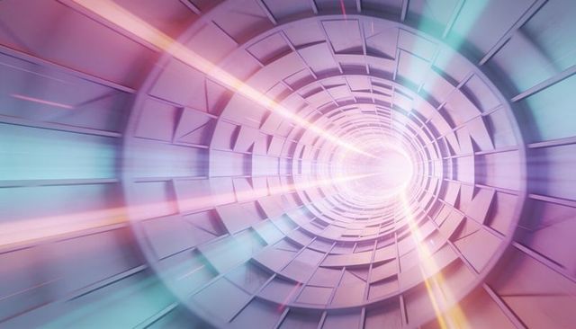 Futuristic neon data tunnel streaming in cylindrical geometric corridor radiating lightbeams