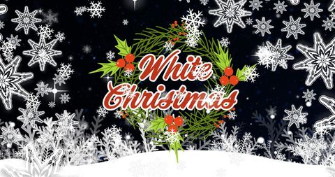 White Christmas Text with Festive Winter Wreath and Snowflakes