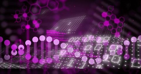 Neon violet dna data visualization with binary code, hexagonal molecular network and nodes