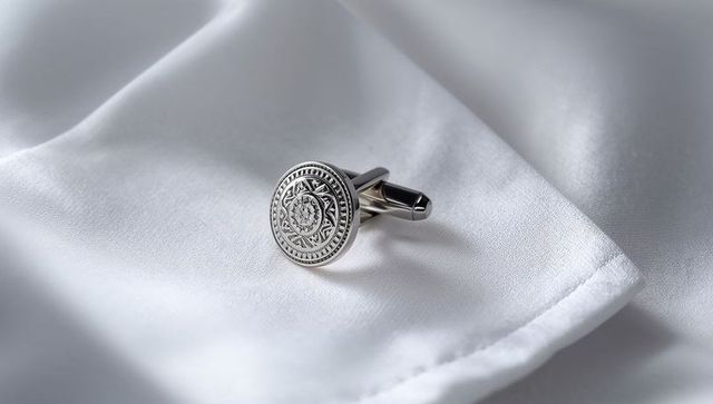 Round silver cufflink with engraved medallion resting on white silk pocket square