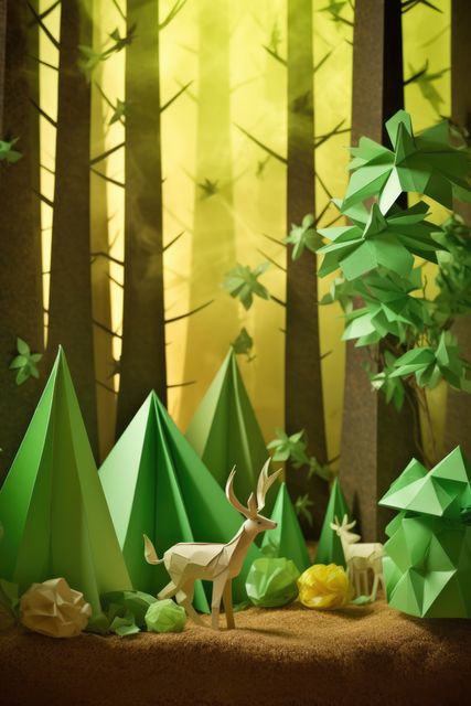 This stock photo features an enchanting paper forest with skillfully crafted origami trees and deer. The origami design captures a whimsical interpretation of nature, highlighting eco-friendly and creative crafting techniques. This image can be used in environmental campaigns, art and craft promotions, creative project inspirations, or educational materials focused on handmade art and nature themes.