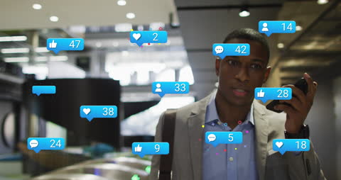 Businessman Engaging with Social Media Icons Discussing Online Influence