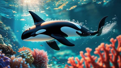 Graceful Orca Gliding Amidst Sunlit Underwater Reef Paradise - Download Free Stock Images Pikwizard.com