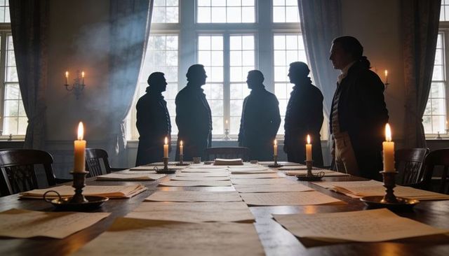 Colonial-era delegates standing by window over candlelit table of parchment documents