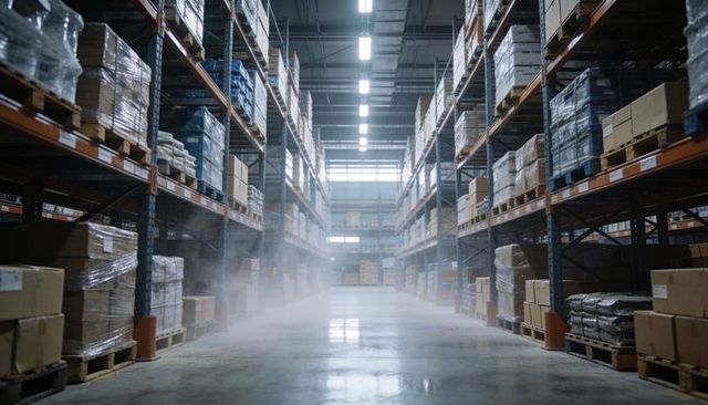 Misty industrial warehouse aisle featuring tall pallet racks and reflective concrete floor