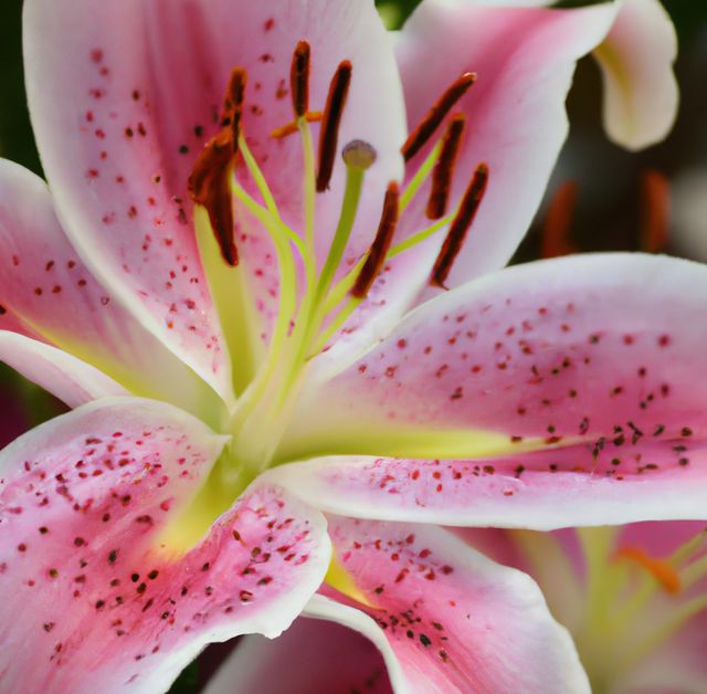 Close up of stargazer lily flower over black background created using generative ai technology. Nature and harmony concept, digitally generated image.