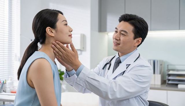 Male doctor examining female patient neck during routine throat and lymph node checkup