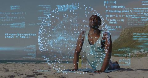 Digital Layered Yoga on Beach Enhancing Nature and Tech Harmony