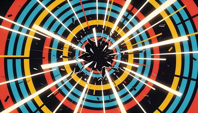 Neon vortex of concentric rings and shattered core with radiant beams, futuristic