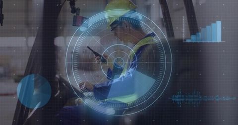 Worker in Heavy Equipment Cab with Futuristic Interface Display