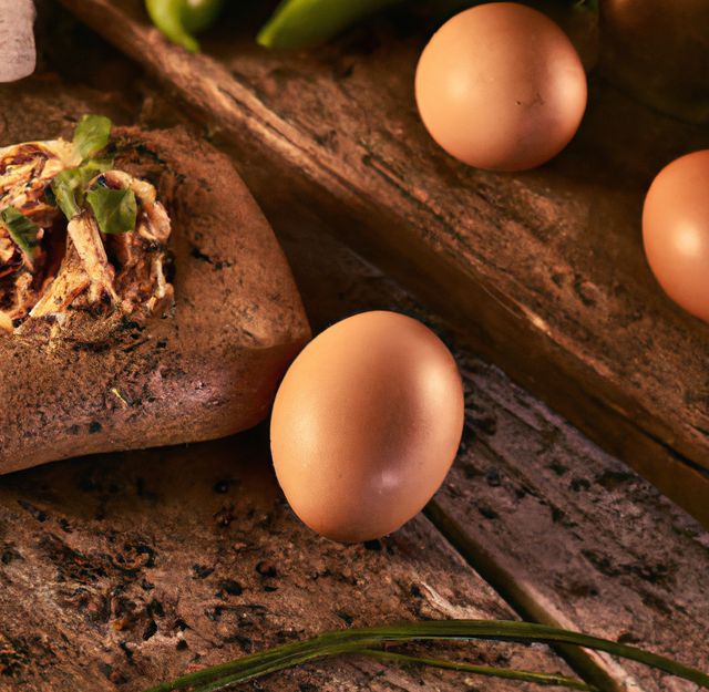 Image of close up of food with eggs and bread on wooden background. Cooking, cuisine and food concept.