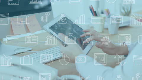 Businesswoman Using Tablet with Overlay Icons in Office