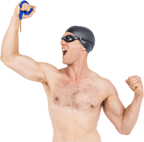 Triumphant swimmer celebrating with gold medal transparent background