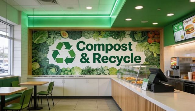 Featuring compost and recycle mural in eco-friendly fast-casual restaurant with counter