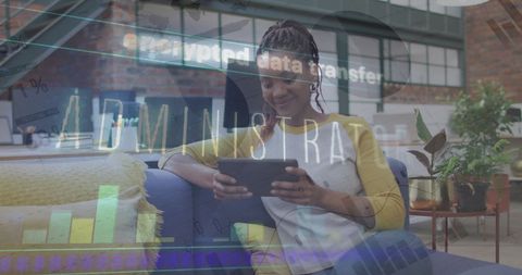 Businesswoman Analyzing Data on Tablet with Digital Interface Overlay