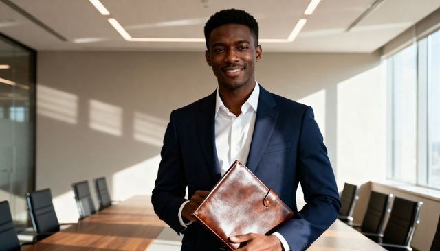 Confident executive holding leather portfolio in modern sunlit corporate boardroom