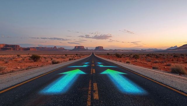 Endless desert highway leading to monument valley horizon with glowing cyan arrows at sunset