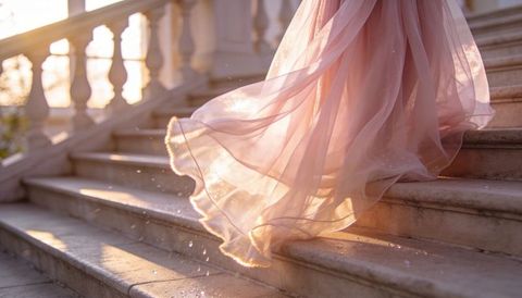 Descending woman in flowing pale-pink tulle gown trailing down marble steps, golden-hour glow