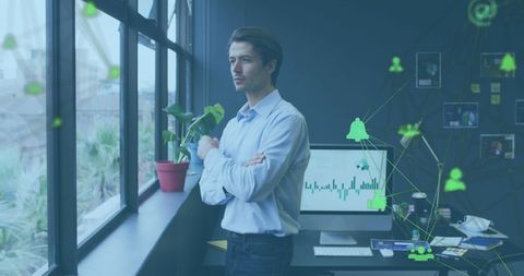 Pensive Businessman and Digital Network Interface in Office