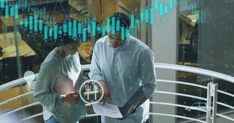 Colleagues Analyzing Data with Holographic Charts in Innovative Office Space