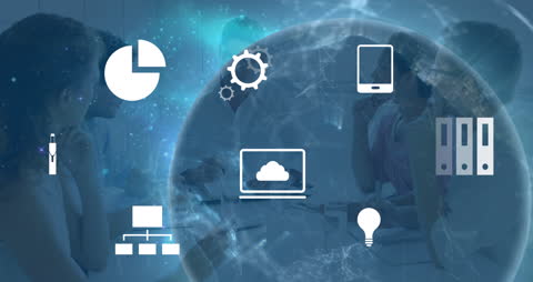 Digital Interface with Business Professionals and Communication Icons