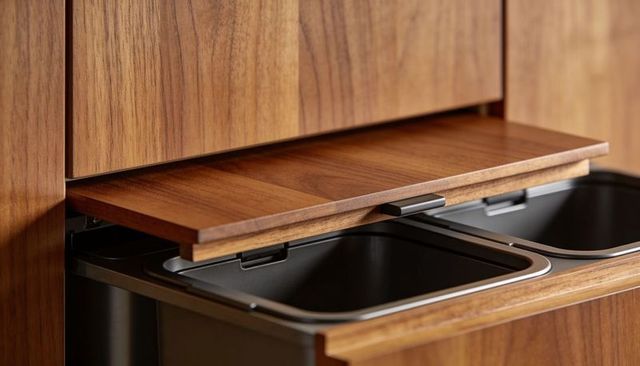 Pull-out waste unit revealing dual matte-black bins in walnut kitchen cabinet with wood shelf