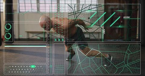 Male Athlete Performing Plank with Futuristic HUD Overlay in Gym Studio for Core Strength