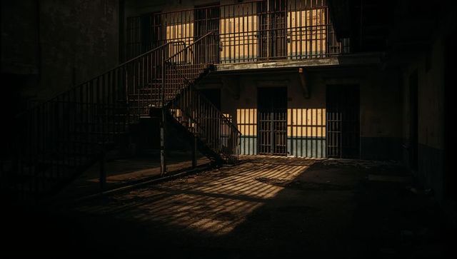 Abandoned Prison Courtyard with Rusted Stairs and Barred Shadows