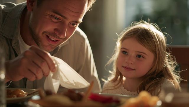 Father serving breakfast to daughter in cozy sunlit kitchen showing warm morning bonding
