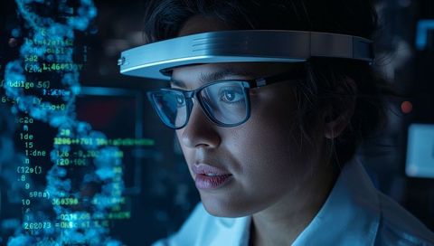 Female scientist analyzing holographic DNA with AR visor and glasses in genomic lab