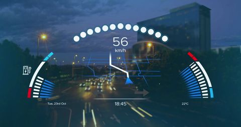 Digital Car Dashboard Displaying Speed and Fuel Levels at Night