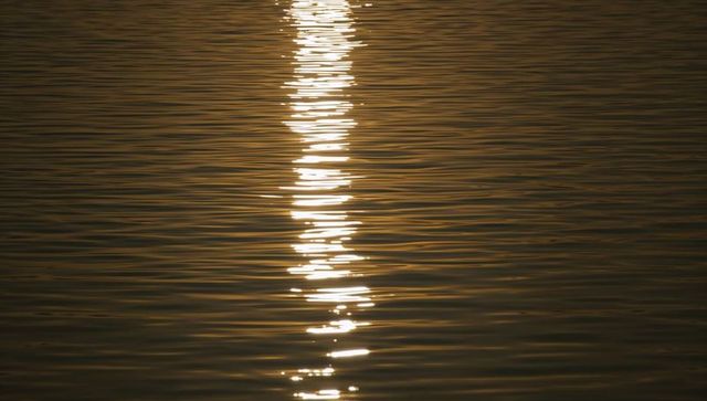 Golden sun reflection forming narrow shimmering column on rippled water at sunset horizon