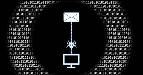 Email delivering malware to computer through binary cyber ring with spider icon