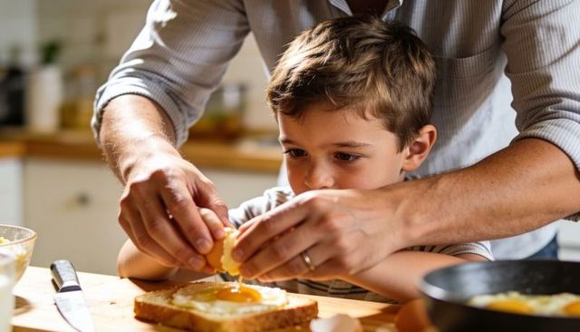 Father guiding son cracking egg into toast hole during cozy kitchen breakfast bonding