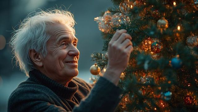 Elderly Man Decorating Christmas Tree with Warm Lighting