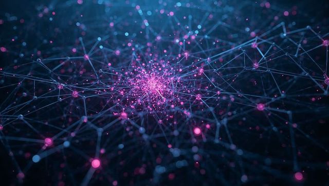 Neon neural network with pulsing magenta core and glowing interconnected nodes