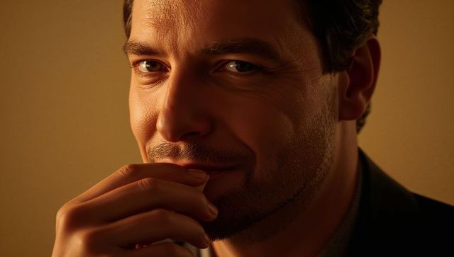 Holding hand-to-mouth confident executive headshot with warm sidelit glow and texture