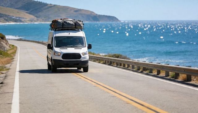 Coastal road trip van carrying rooftop luggage driving along sunlit ocean highway
