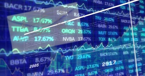 Digital market projections with stock tickers and trend analysis