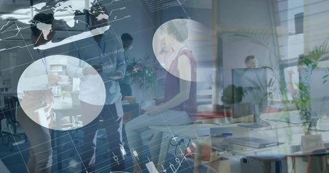 Data-Driven Team Collaborating in Open Office with Analytics and Chart Overlay