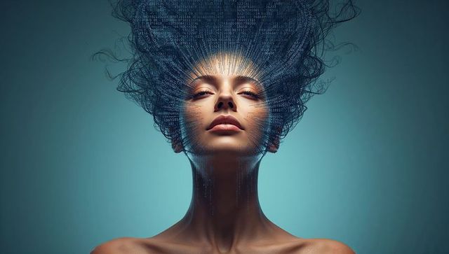 Futuristic female portrait merging with flowing code and cybernetic neural hair morphing