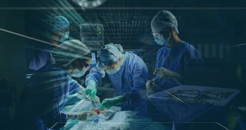 Doctors Performing Surgery with Digital Data Overlay