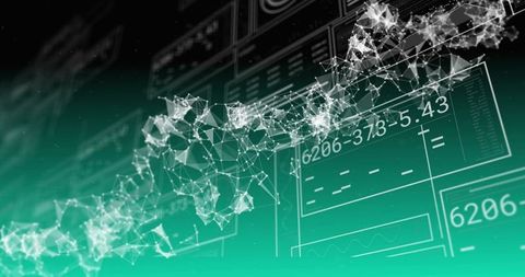 Holographic Data Stream Driving Wireframe Network on Futuristic Teal Dashboard Interface