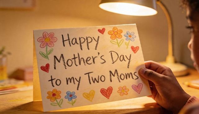 Child Holding Handmade Mother's Day Card to Two Moms on Lamp-Lit Wooden Desk