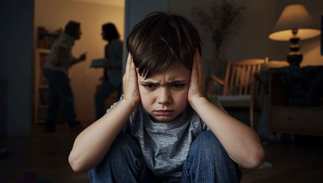 Distressed child covering ears while adults argue in background