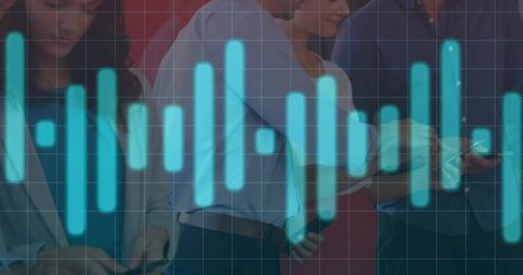 Business Professionals Using Technology with Digital Waveform Overlay