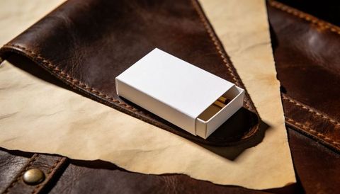 White sliding matchbox resting on aged parchment and distressed brown leather with brass rivet detai