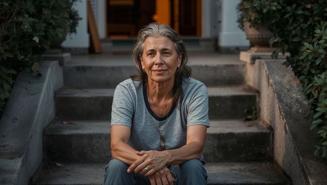 Mature woman sitting on front steps at dusk wearing pendant, reflecting in warm porch glow